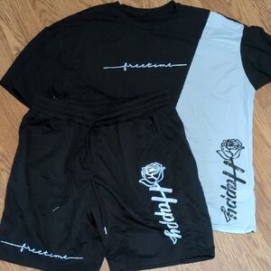 Black and White Graphic T-Shirt and Shorts Set